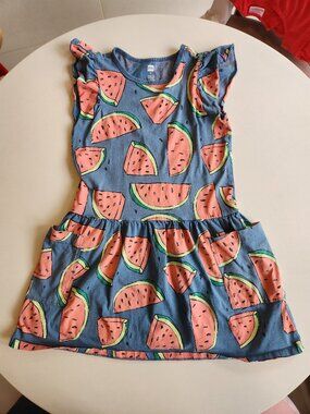 Tea Collection Watermelon Print Dress Girls 6 Blue Pink Cotton Short Sleeve